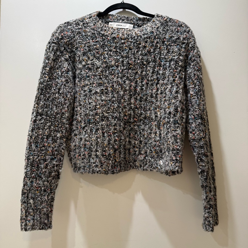 Zara Boxy Colorful Knit Texture Cropped Sweater with metallic sequins